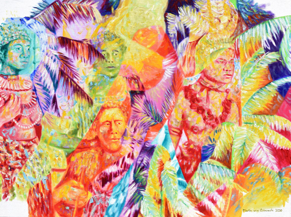 Martin von Ostrowski: Lauaki Namulauulu Mamoe, Sivaotele und ihre Töchter, 
						2020, Öl auf Leinwand, 60 x 80 cm